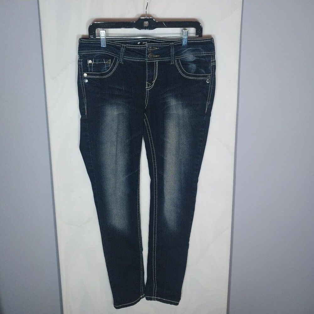 WallFlower Juniors Blue Jeans 11 Mid Rise Skinny Dark Wash Stretch 2 Button